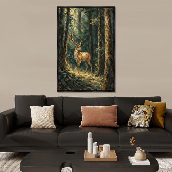 INVIN ART Framed Canvas 100% Handpainted Oil Painting Stag in the Forest Light Wall Art