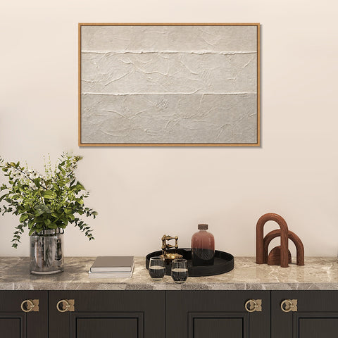 INVIN ART Framed Canvas 100% Handpainted Oil Painting White Horizontal Traces Wall Art