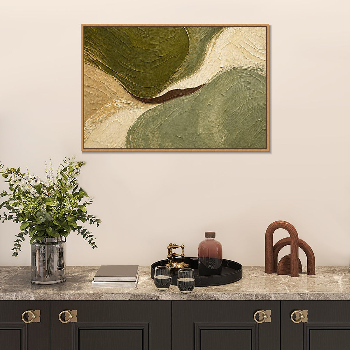 INVIN ART Framed Canvas 100% Handpainted Oil Painting Between Green Hills Wall Art