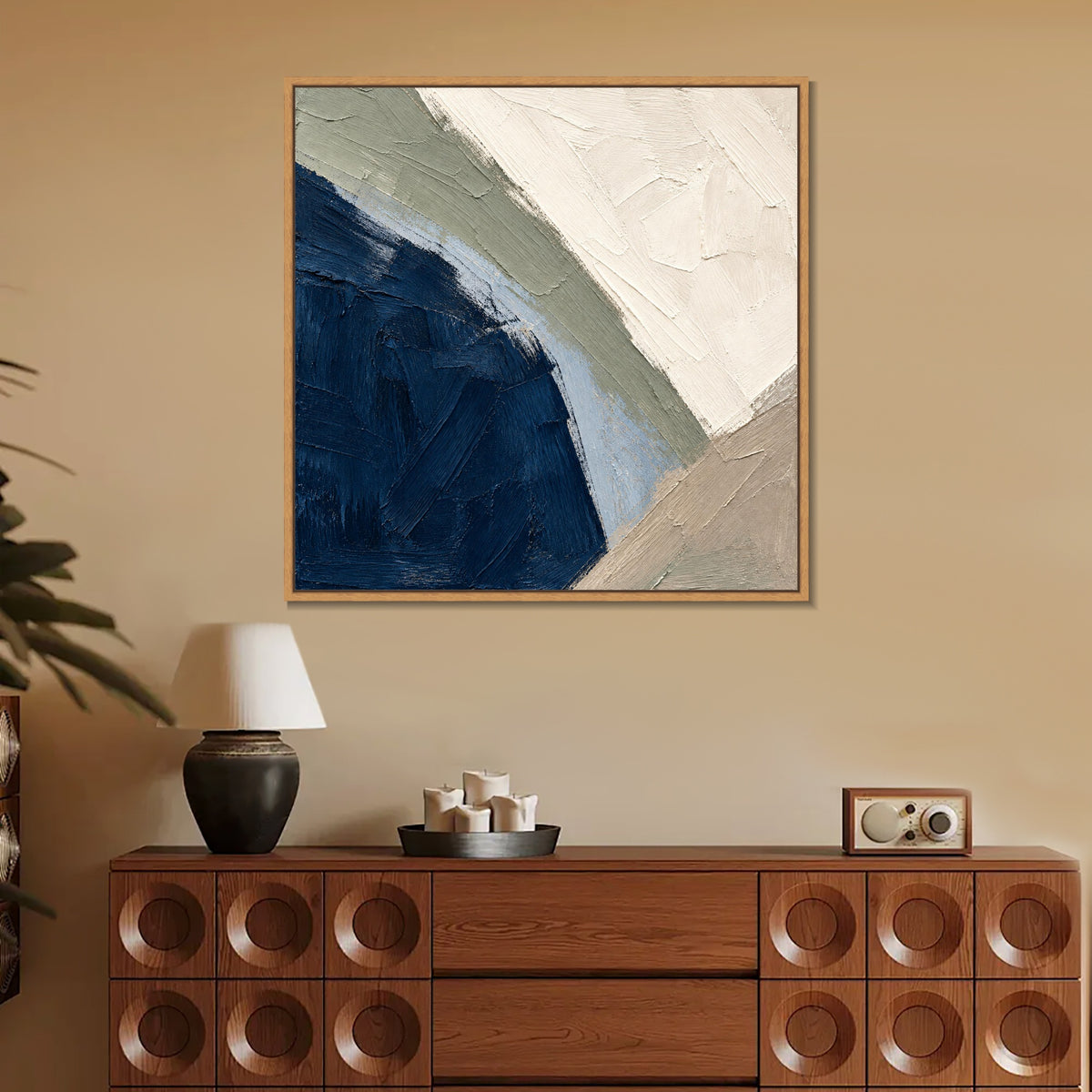 INVIN ART Framed Canvas 100% Handpainted Oil Painting Deep Blue Curved Shore Wall Art