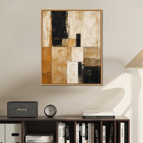 INVIN ART Framed Canvas 100% Handpainted Oil Painting Sand and Black Grid Wall Art