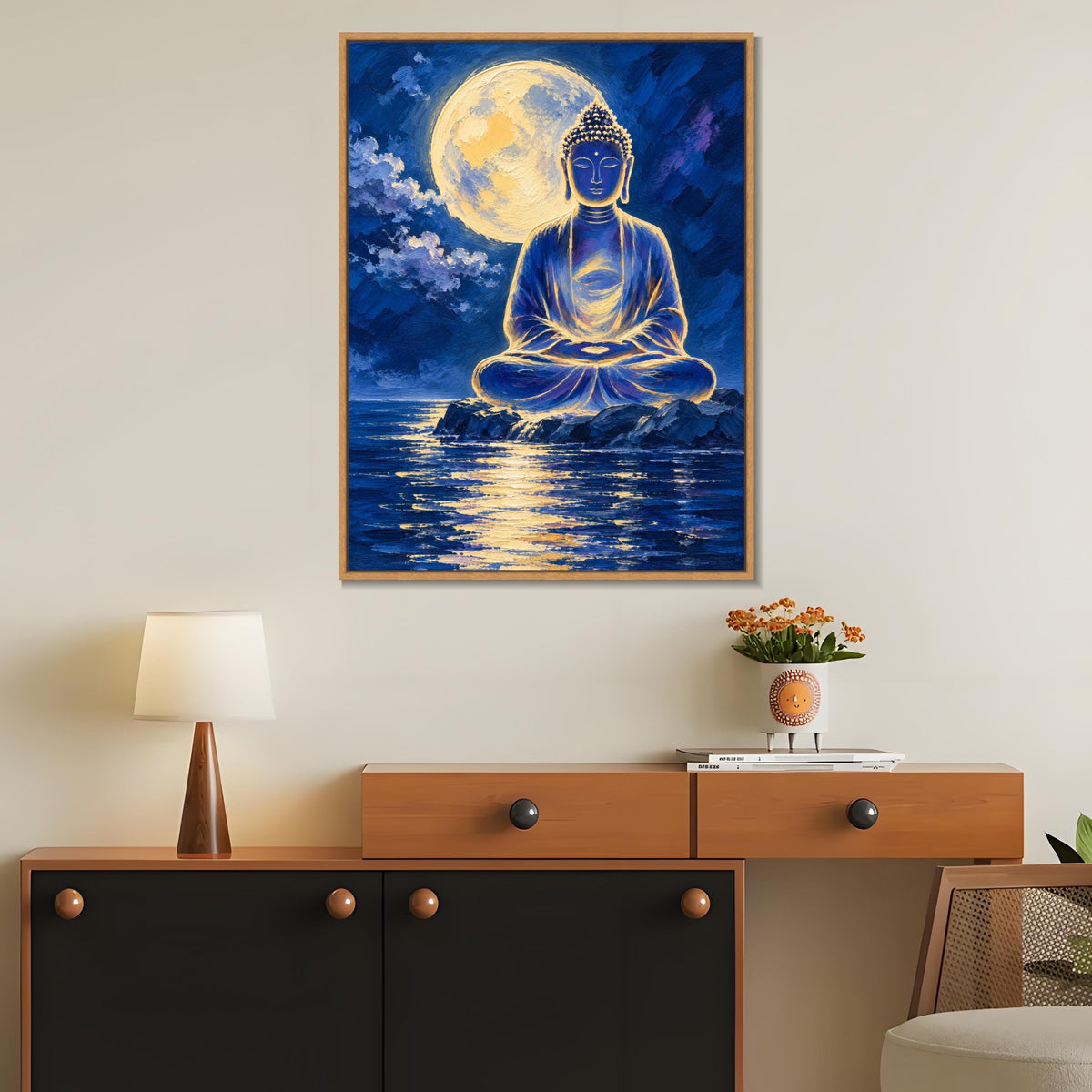 INVIN ART Framed Canvas 100% Handpainted Oil Painting Buddha Beneath the Full Moon Wall Art