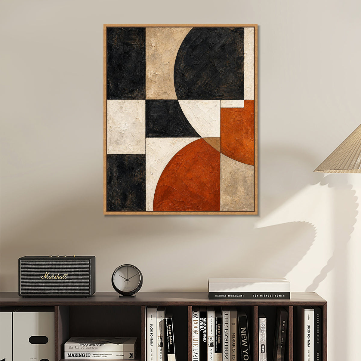 INVIN ART Framed Canvas 100% Handpainted Oil Painting Black and Rust Arc Grid Wall Art