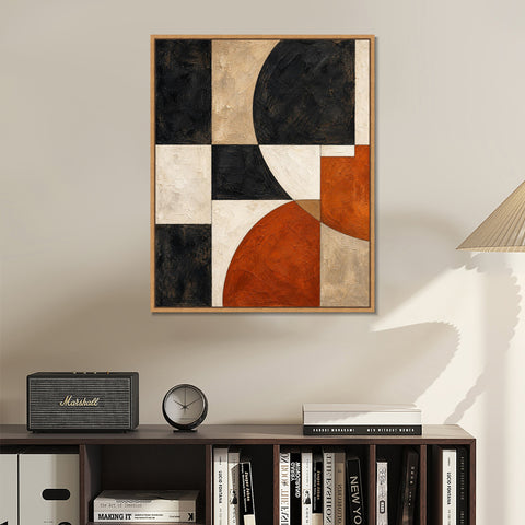 INVIN ART Framed Canvas 100% Handpainted Oil Painting Black and Rust Arc Grid Wall Art