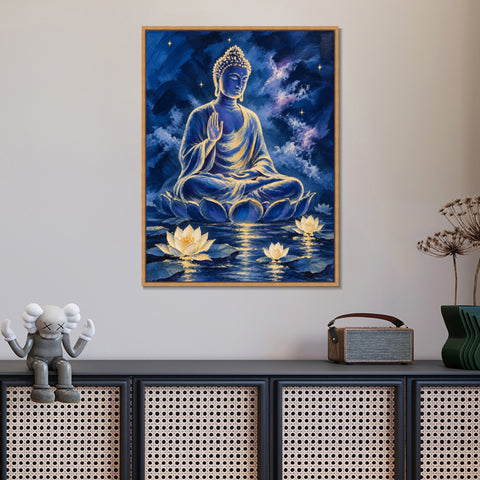 INVIN ART Framed Canvas 100% Handpainted Oil Painting Buddha Above the Lotus Pool Wall Art