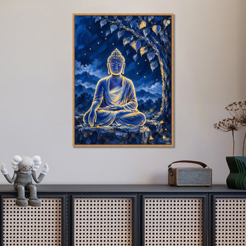 INVIN ART Framed Canvas 100% Handpainted Oil Painting Buddha Beneath the Night Tree Wall Art