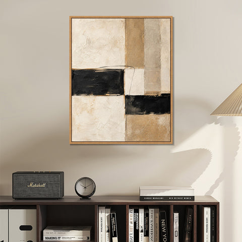 INVIN ART Framed Canvas 100% Handpainted Oil Painting Black Bands and Sand Columns Wall Art