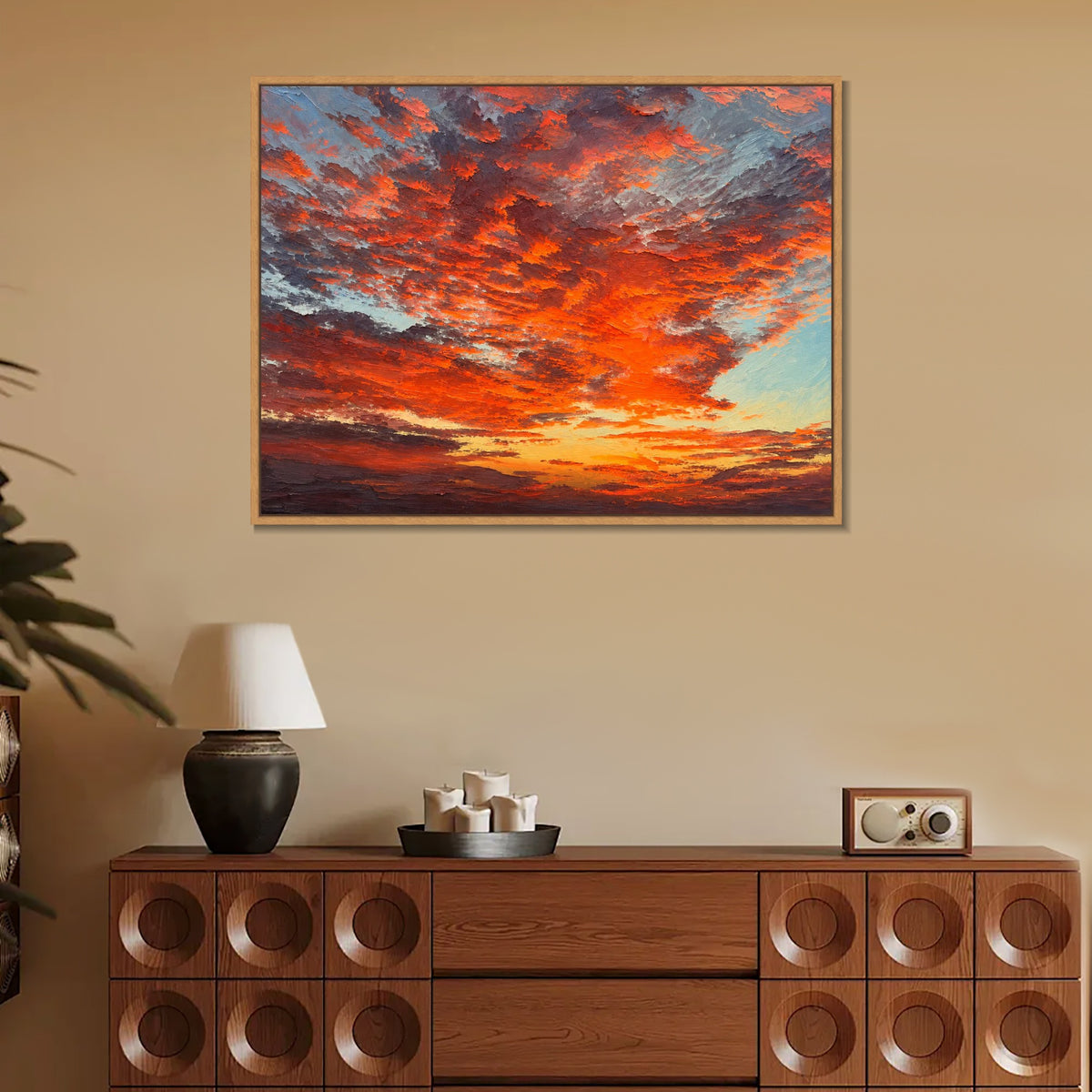 INVIN ART Framed Canvas 100% Handpainted Oil Painting Ember Clouds at Dusk Wall Art