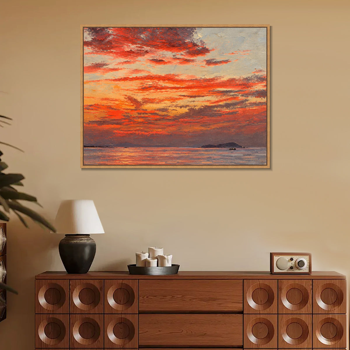 INVIN ART Framed Canvas 100% Handpainted Oil Painting Crimson Evening Over the Sea Wall Art