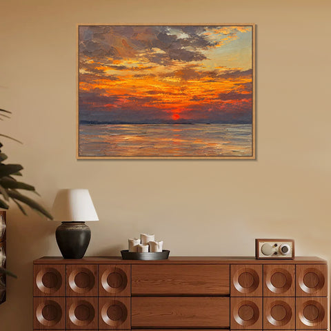 INVIN ART Framed Canvas 100% Handpainted Oil Painting Golden Sunset Reflections Wall Art