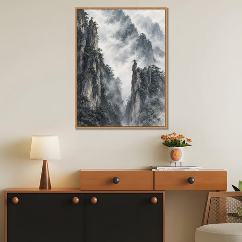 INVIN ART Framed Canvas 100% Handpainted Oil Painting Clouds Around Stone Peaks Wall Art