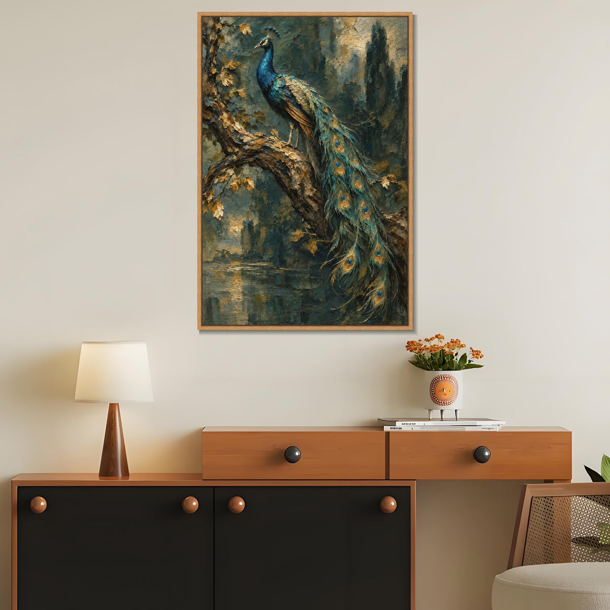 INVIN ART Framed Canvas 100% Handpainted Oil Painting Peacock on a Woodland Branch Wall Art