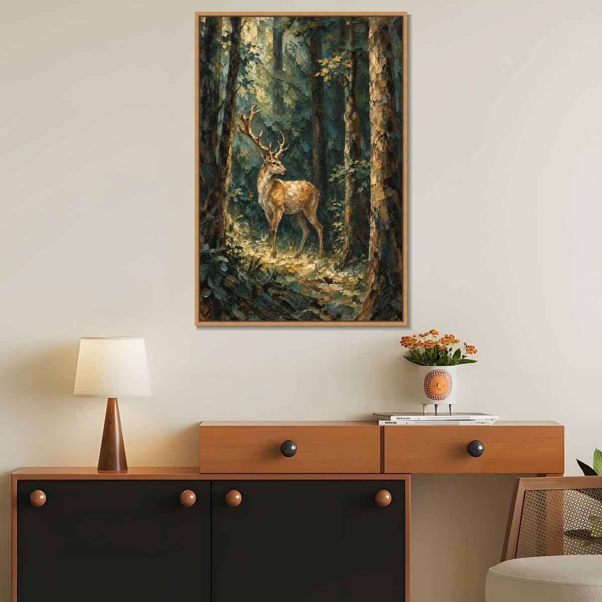 INVIN ART Framed Canvas 100% Handpainted Oil Painting Stag in the Forest Light Wall Art