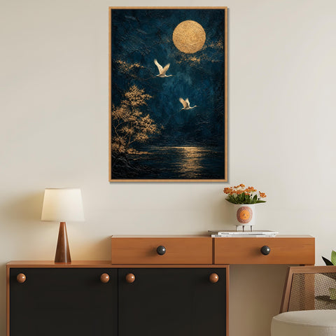 INVIN ART Framed Canvas 100% Handpainted Oil Painting Two Birds Beneath a Golden Moon Wall Art