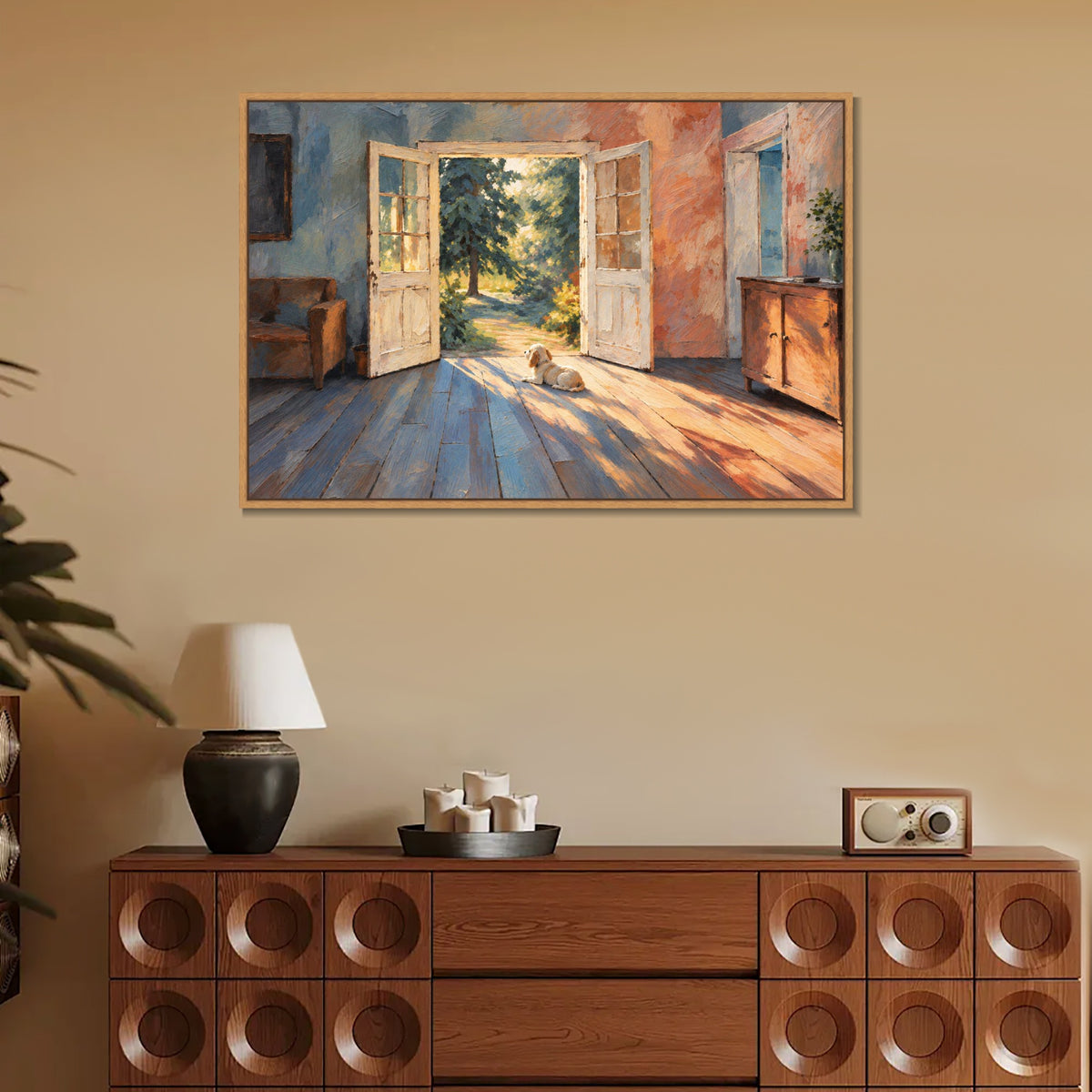 INVIN ART Framed Canvas 100% Handpainted Oil Painting Little Dog in the Doorway Light Wall Art