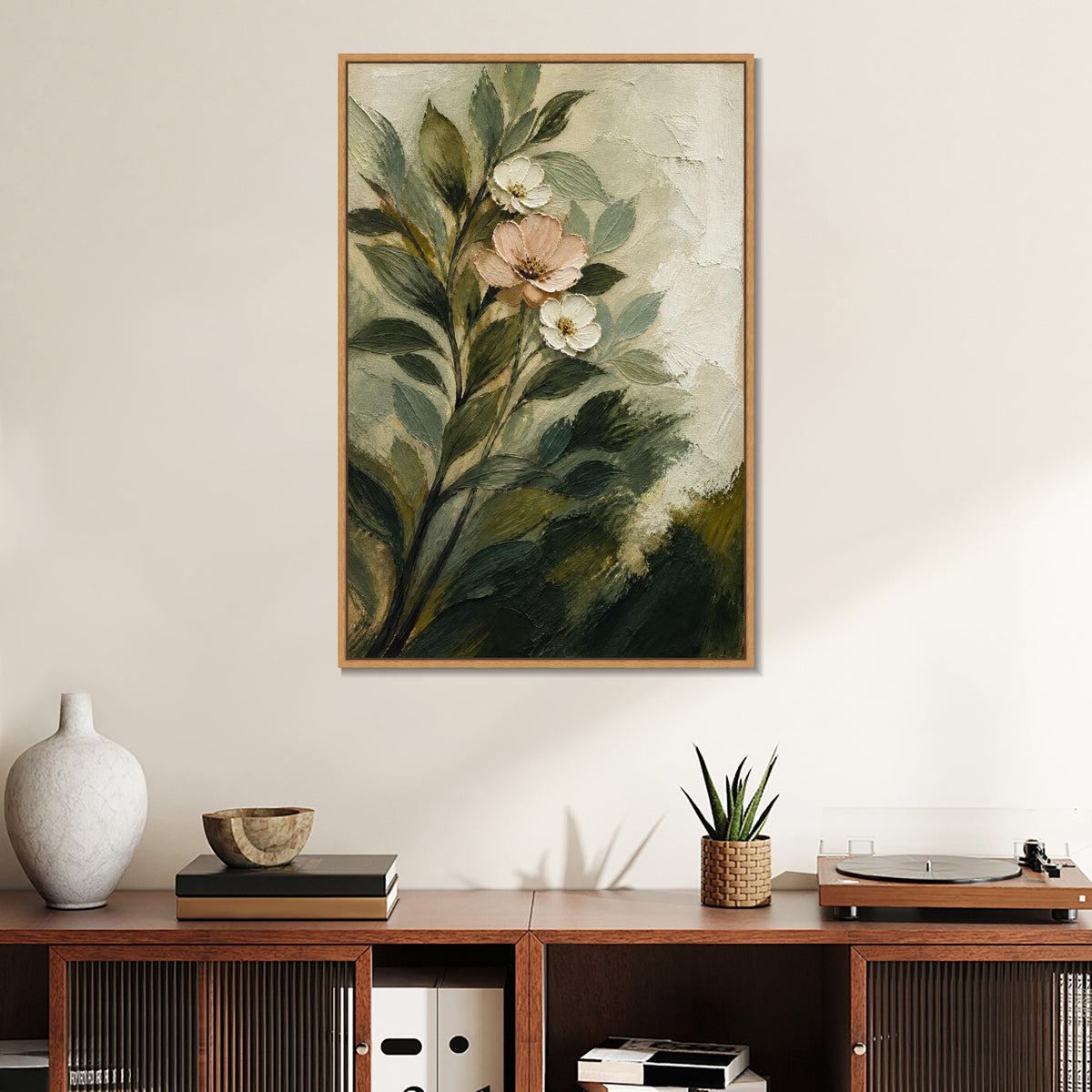 INVIN ART Framed Canvas 100% Handpainted Oil Painting Pale Blossoms Among Leaves Wall Art