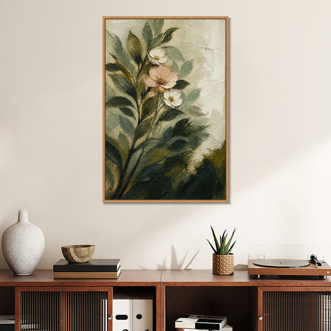 INVIN ART Framed Canvas 100% Handpainted Oil Painting Pale Blossoms Among Leaves Wall Art