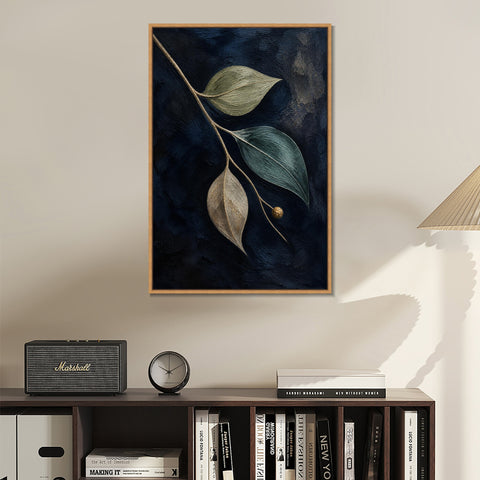 INVIN ART Framed Canvas 100% Handpainted Oil Painting Leaves Against Midnight Blue Wall Art