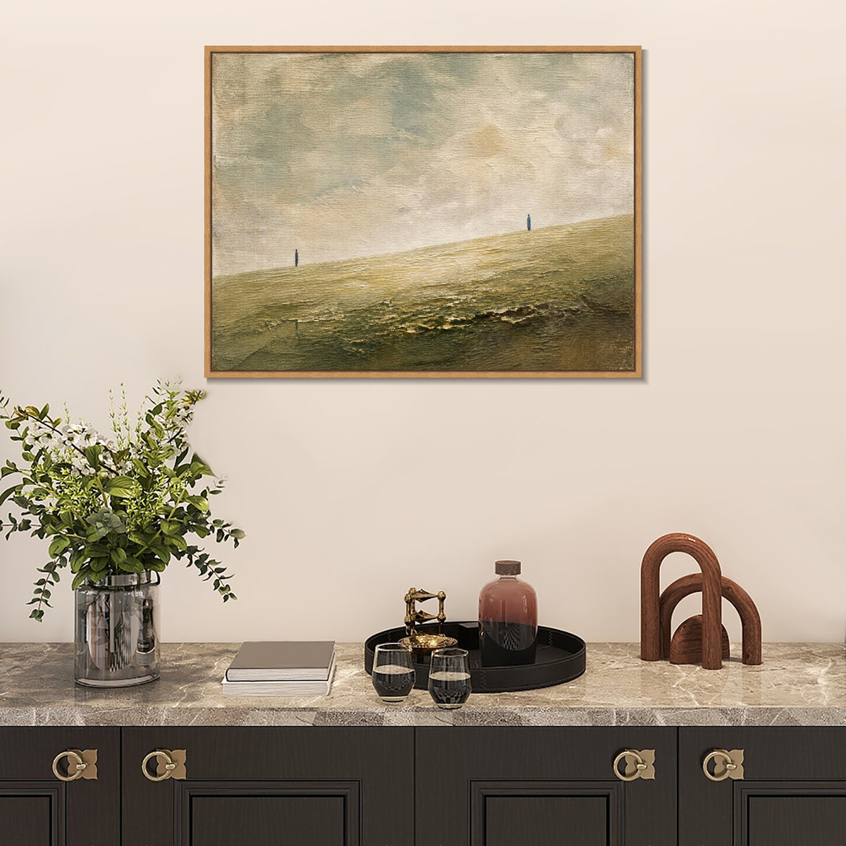 INVIN ART Framed Canvas 100% Handpainted Oil Painting Two Figures on the Open Field Wall Art
