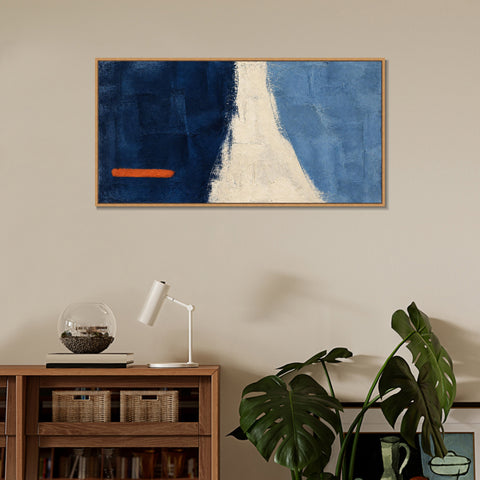 INVIN ART Framed Canvas 100% Handpainted Oil Painting Orange Line Across Blue Wall Art