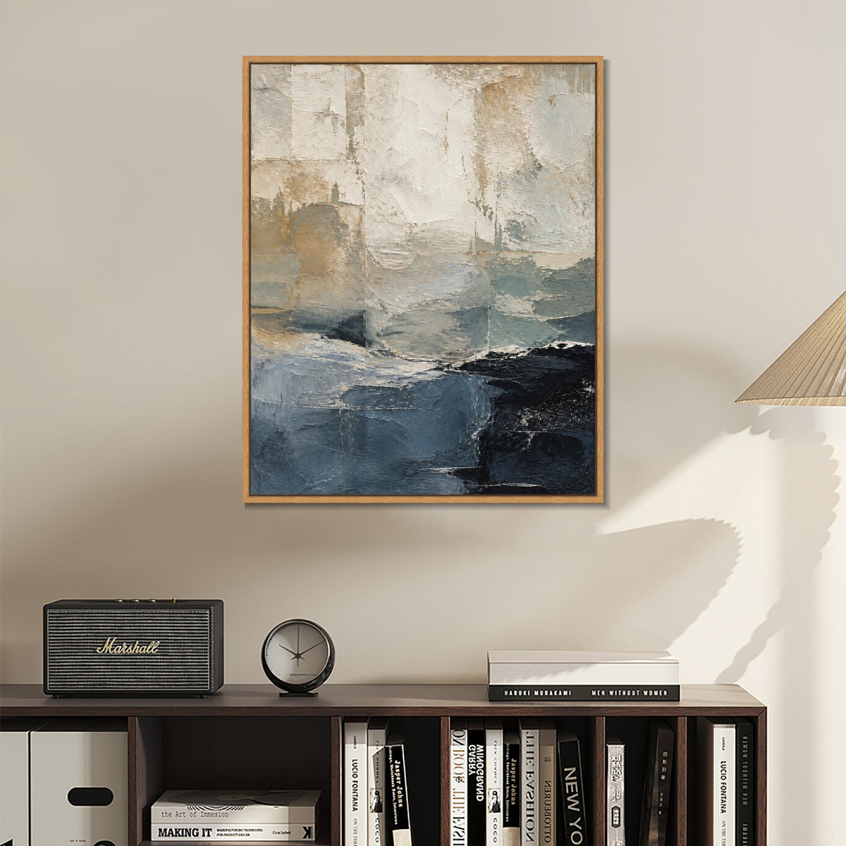 INVIN ART Framed Canvas 100% Handpainted Oil Painting Blue Gray Layered Shore Wall Art
