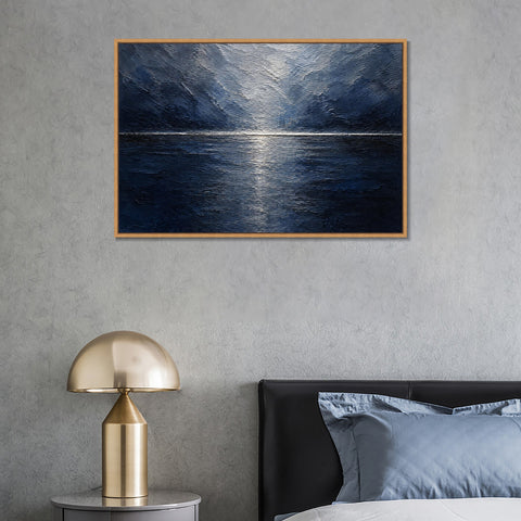 INVIN ART Framed Canvas 100% Handpainted Oil Painting Deep Blue Moonlit Lake Wall Art