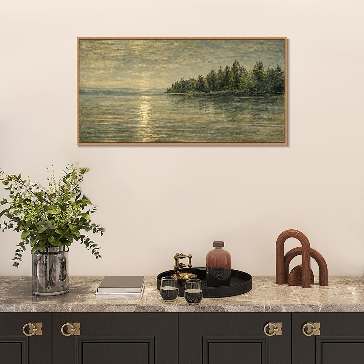 INVIN ART Framed Canvas 100% Handpainted Oil Painting Golden Light by the Forest Shore Wall Art