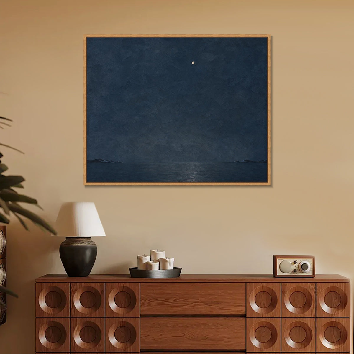 INVIN ART Framed Canvas 100% Handpainted Oil Painting One Light Above the Night Sea Wall Art