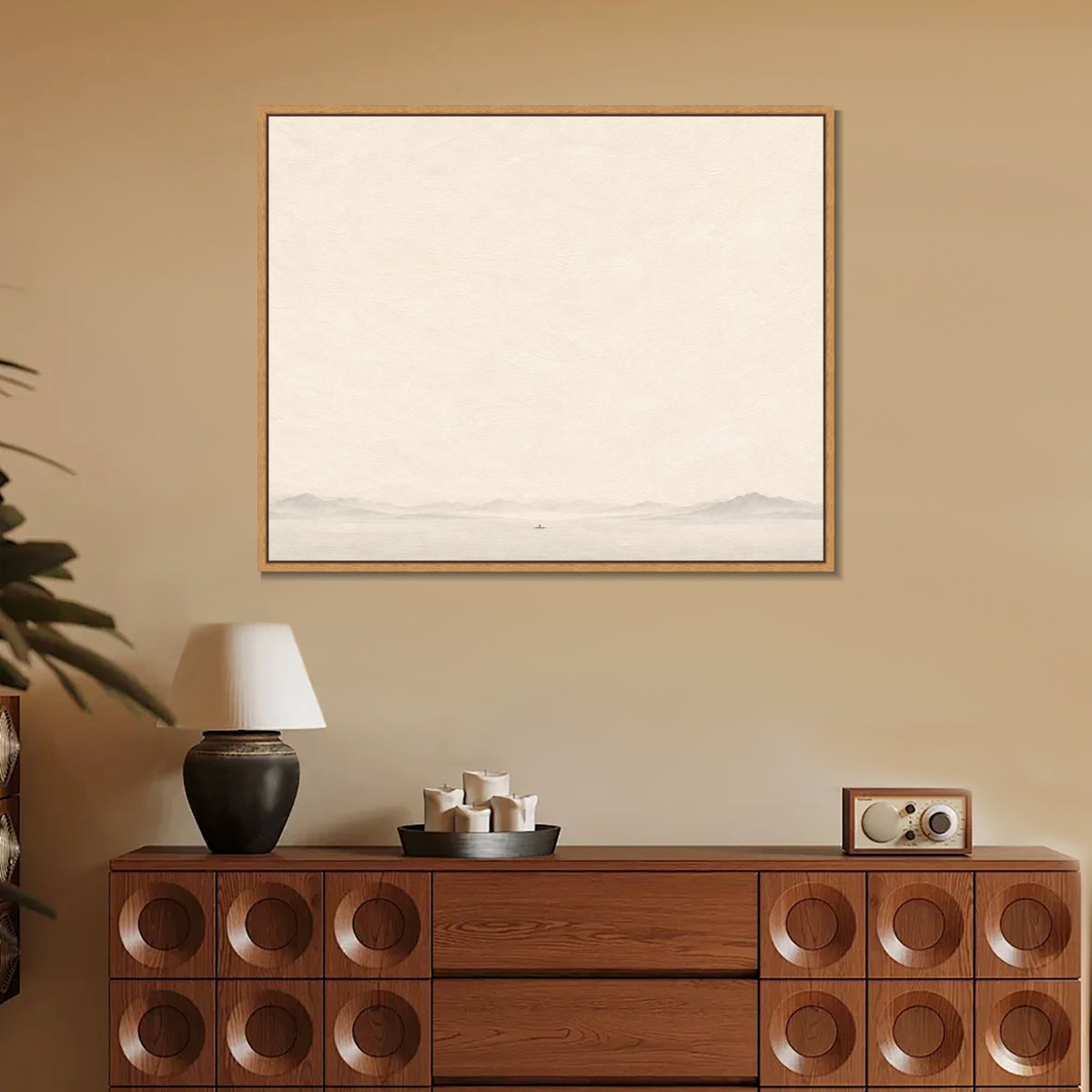 INVIN ART Framed Canvas 100% Handpainted Oil Painting A Boat and Distant Hills Wall Art