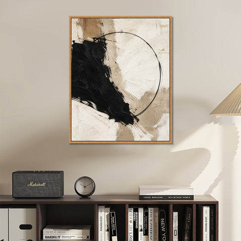 INVIN ART Framed Canvas 100% Handpainted Oil Painting Black Form and a Fine Circle Wall Art