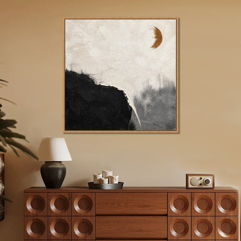 INVIN ART Framed Canvas 100% Handpainted Oil Painting Ochre Moon and Dark Shore Wall Art