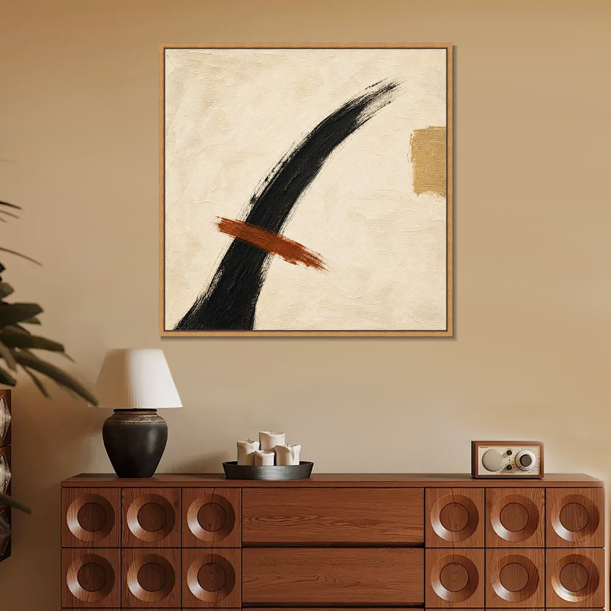 INVIN ART Framed Canvas 100% Handpainted Oil Painting Ink Arc and Rust Line Wall Art