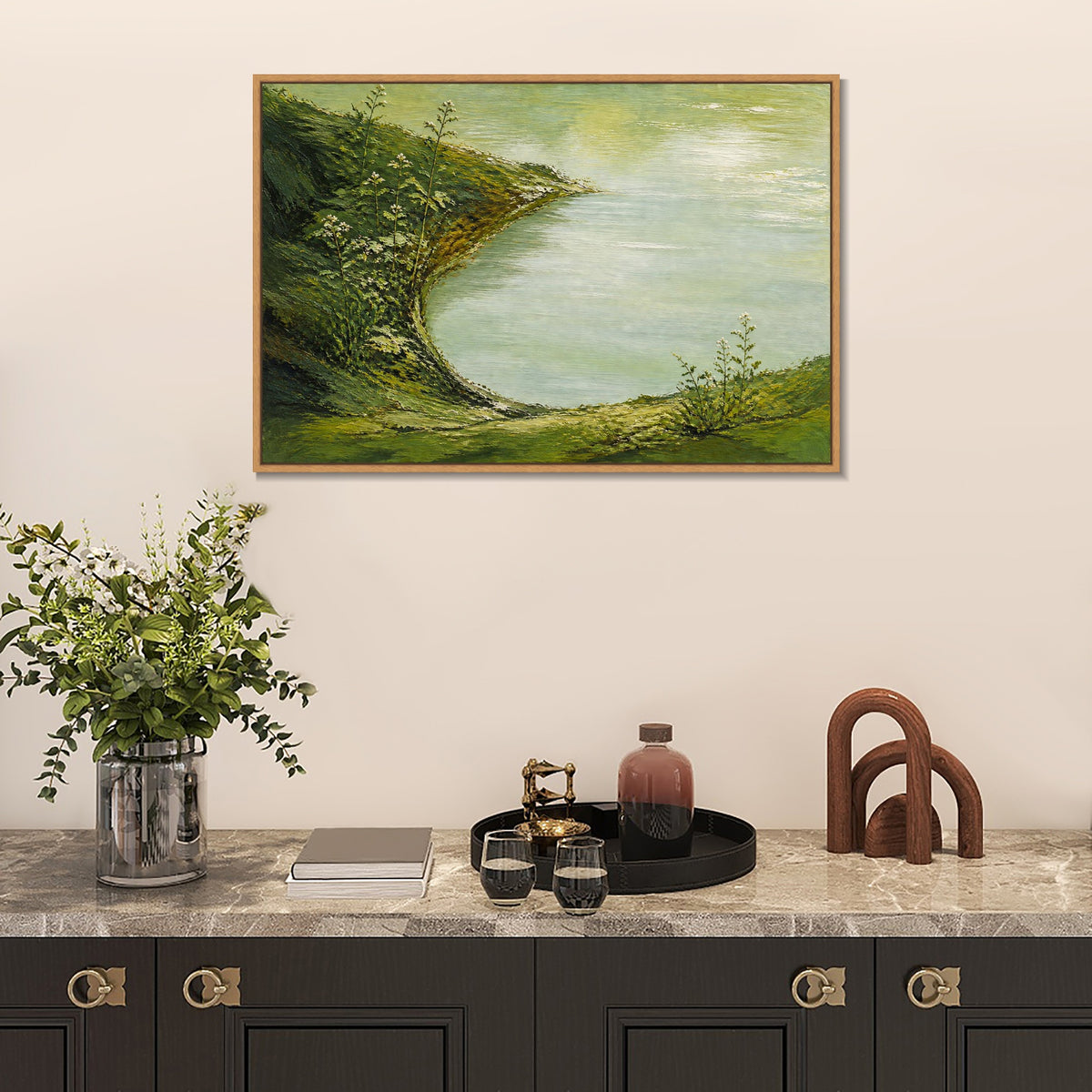 INVIN ART Framed Canvas 100% Handpainted Oil Painting Green Shore and Lake Cove Wall Art