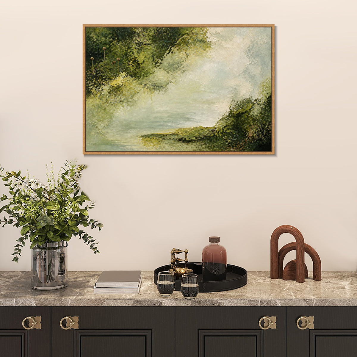 INVIN ART Framed Canvas 100% Handpainted Oil Painting Water Beneath the Woodland Canopy Wall Art