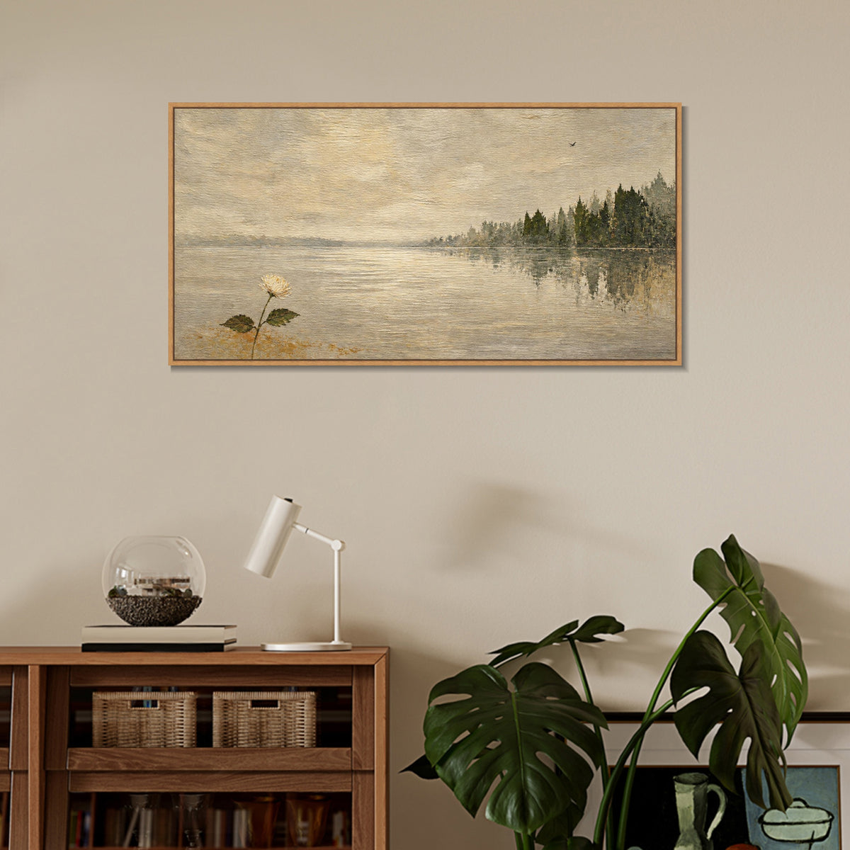 INVIN ART Framed Canvas 100% Handpainted Oil Painting One Flower by the Lake Wall Art