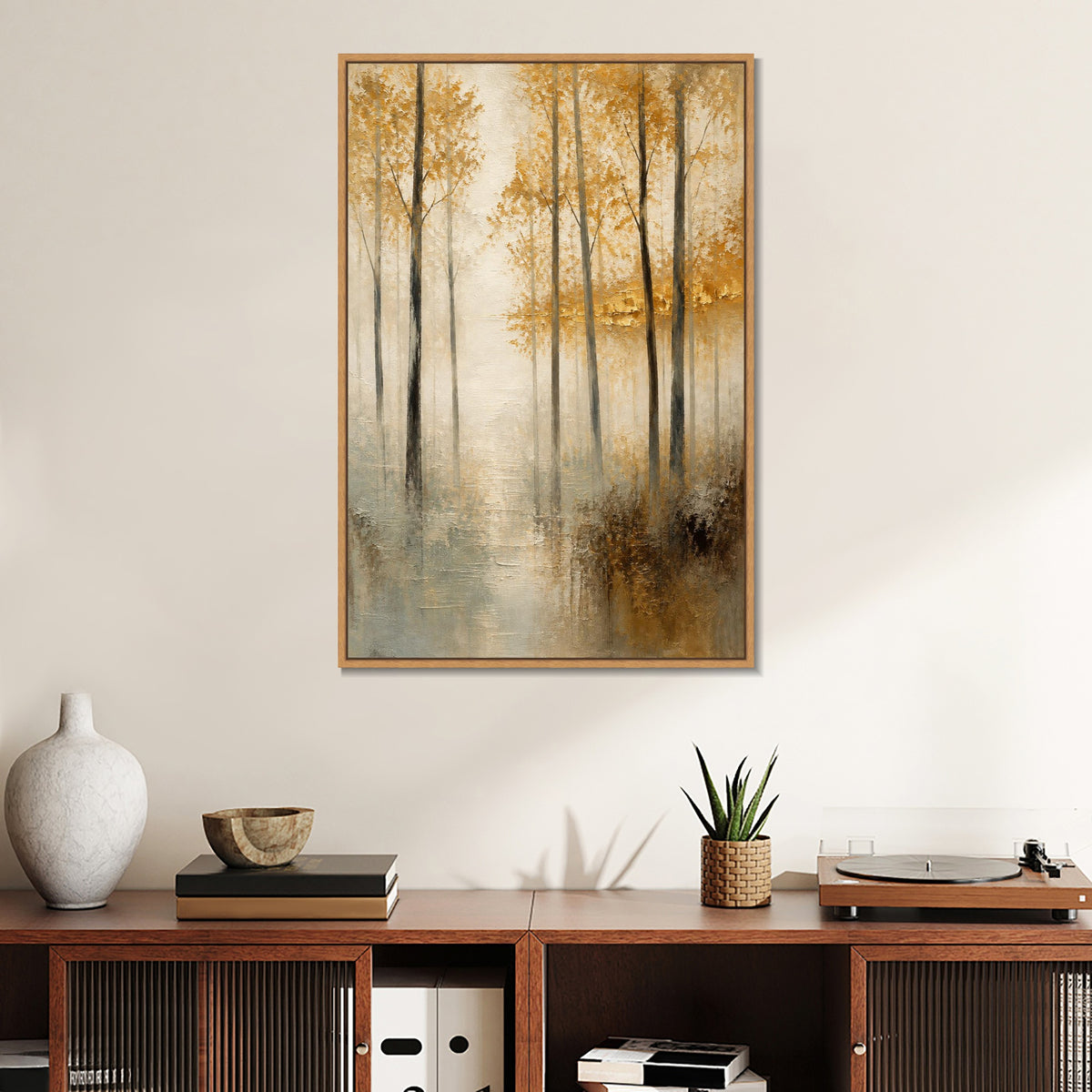 INVIN ART Framed Canvas 100% Handpainted Oil Painting Golden Leaves in Mist Wall Art