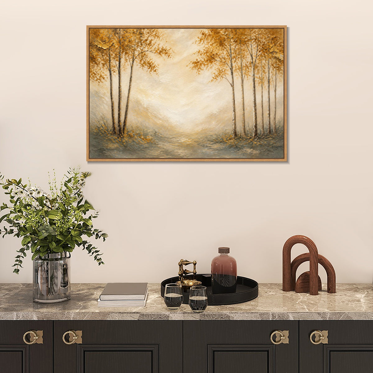 INVIN ART Framed Canvas 100% Handpainted Oil Painting Path Through Autumn Trees Wall Art