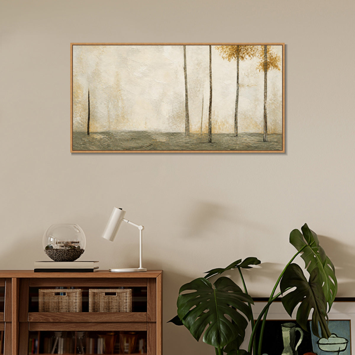 INVIN ART Framed Canvas 100% Handpainted Oil Painting Sparse Trees in Pale Gold Wall Art