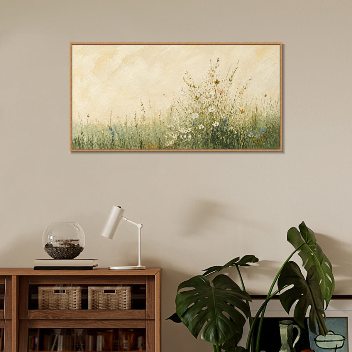 INVIN ART Framed Canvas 100% Handpainted Oil Painting Wildflowers in Warm Light Wall Art