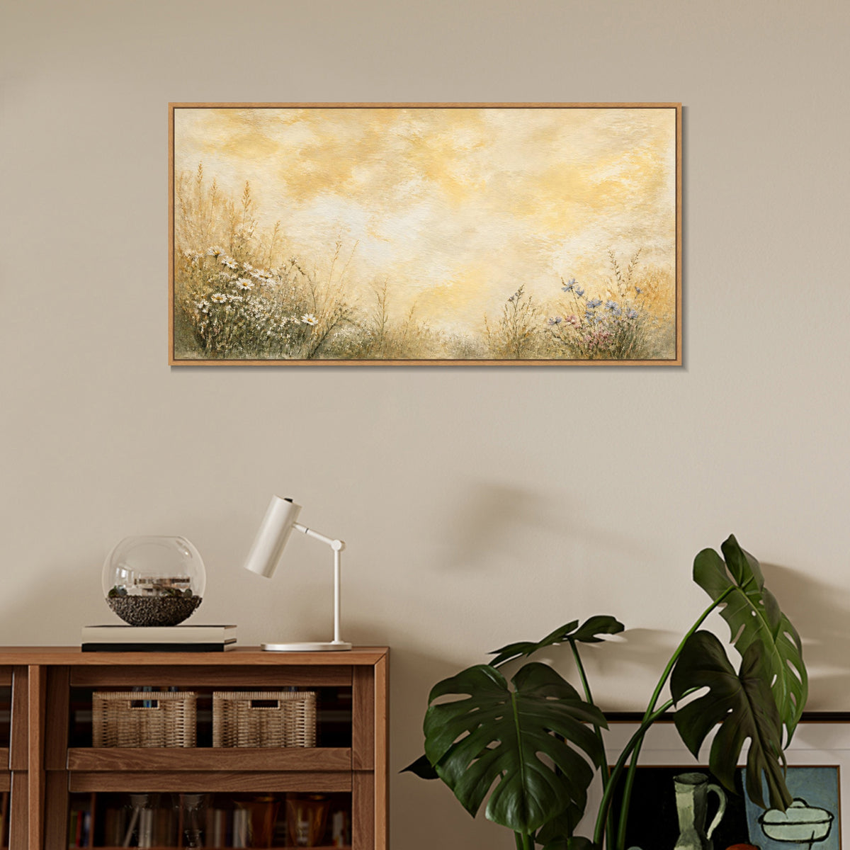 INVIN ART Framed Canvas 100% Handpainted Oil Painting Flowers Beneath Golden Clouds Wall Art