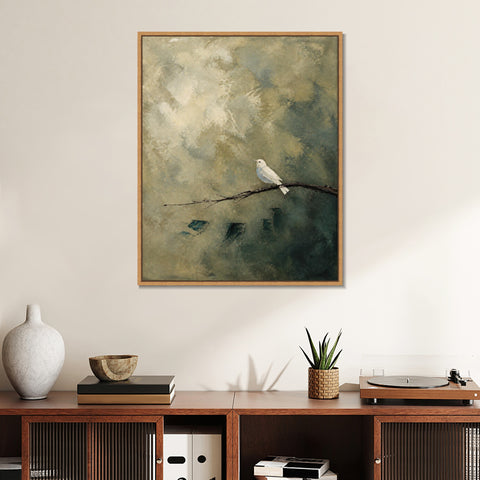 INVIN ART Framed Canvas 100% Handpainted Oil Painting White Bird on a Branch Wall Art