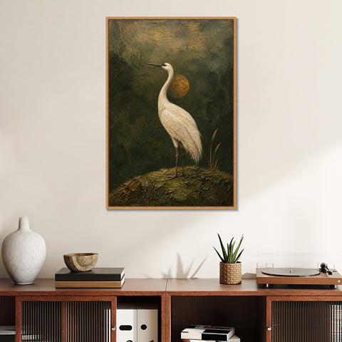 INVIN ART Framed Canvas 100% Handpainted Oil Painting Crane at Dusk Minimal Bird Landscape Wall Art