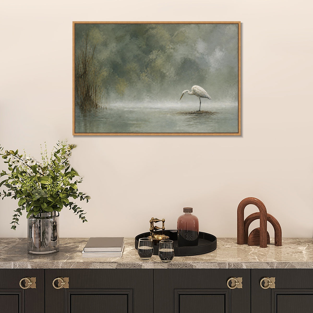 INVIN ART Framed Canvas 100% Handpainted Oil Painting Heron in Misty Water Wall Art