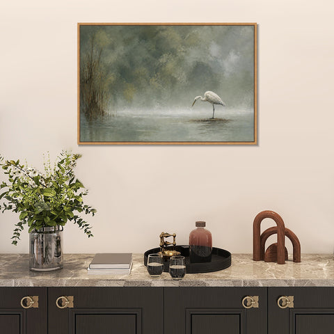 INVIN ART Framed Canvas 100% Handpainted Oil Painting Heron in Mist Minimal Bird Landscape Wall Art
