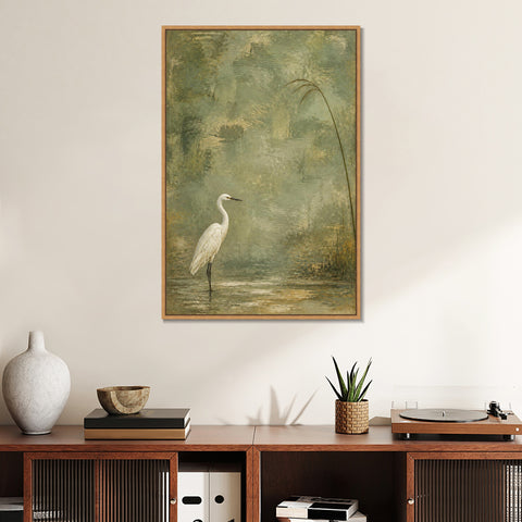 INVIN ART Framed Canvas 100% Handpainted Oil Painting White Heron Beneath a Reed Wall Art