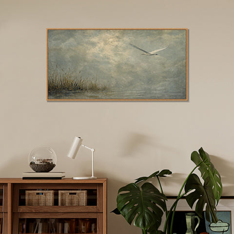 INVIN ART Framed Canvas 100% Handpainted Oil Painting Bird Above the Reed Shore Wall Art