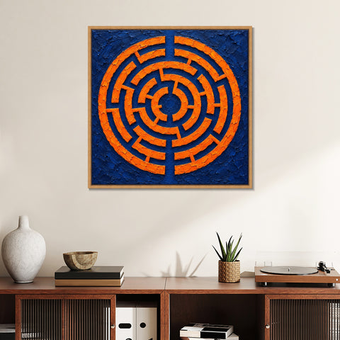 INVIN ART Framed Canvas 100% Handpainted Oil Painting Orange Maze on Indigo Wall Art