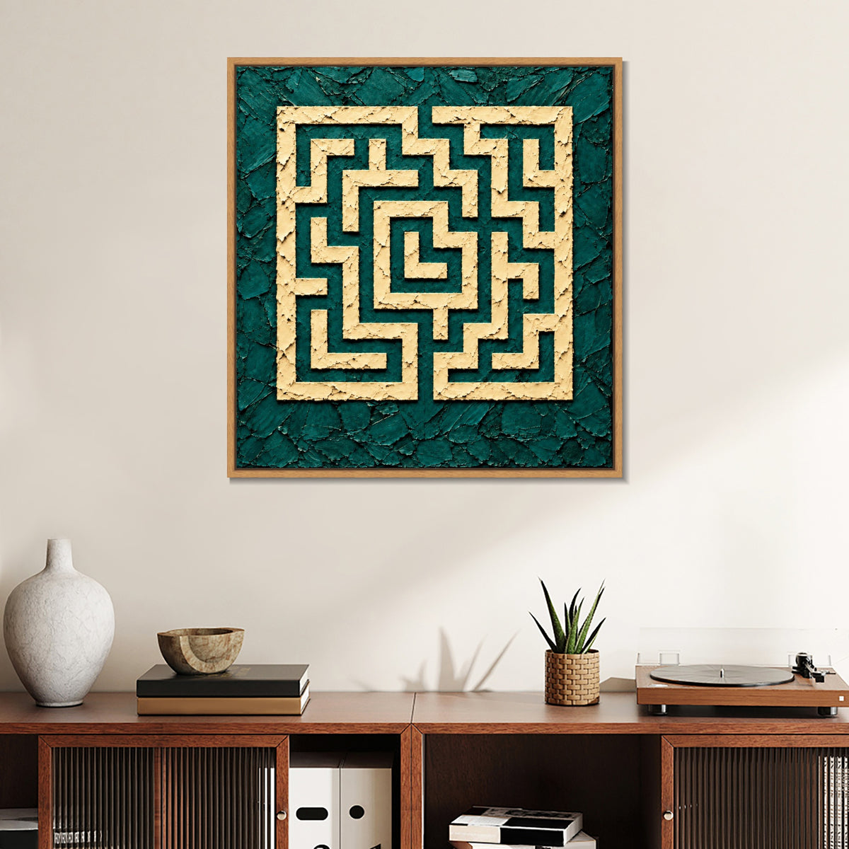 INVIN ART Framed Canvas 100% Handpainted Oil Painting Ivory Maze on Teal Wall Art