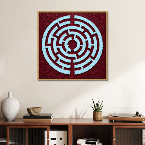 INVIN ART Framed Canvas 100% Handpainted Oil Painting Ice Blue Maze on Burgundy Wall Art