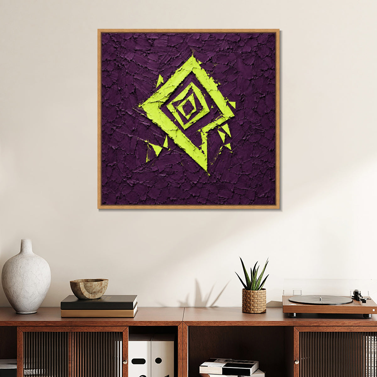 INVIN ART Framed Canvas 100% Handpainted Oil Painting Lime Diamond on Purple Wall Art